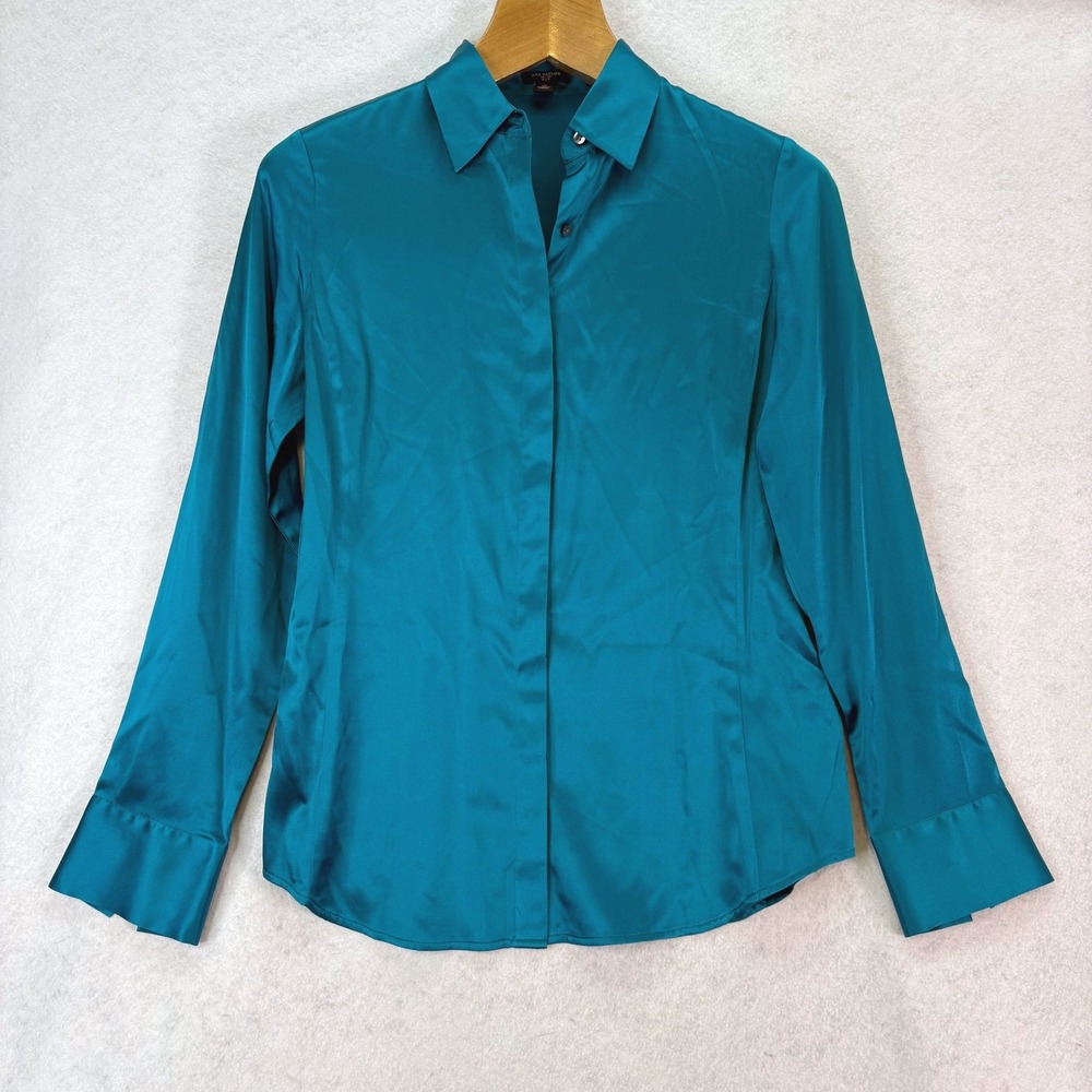Ann Taylor Silk Blend Teal Hidden Button Down Shirt Women 10 Quiet Luxury Jewel